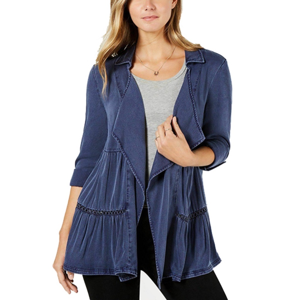 Style & Co Tiered Crochet Jacket Navy M NEW